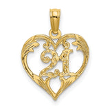 14k Yellow Gold Heart Pendant with Script Letter A and Openwork Leaf Design