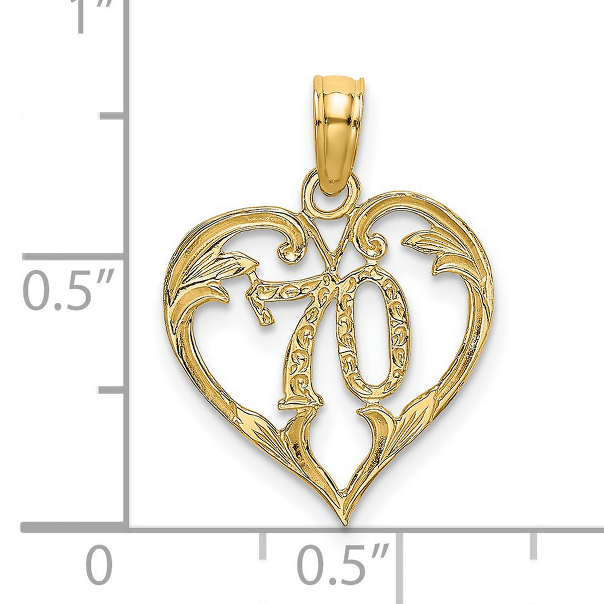 14k Yellow Gold Heart Pendant with Ornate Number 70 and Vintage Floral Detail