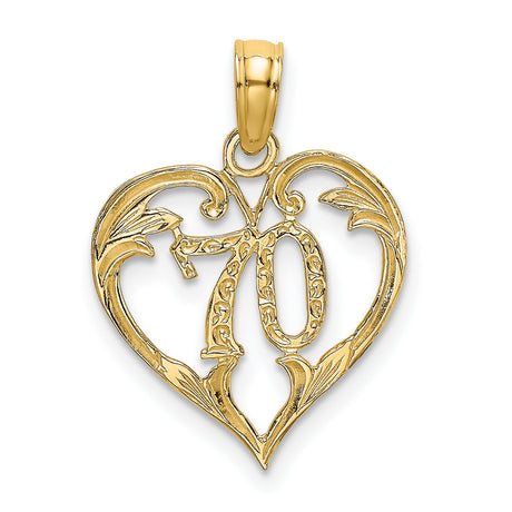 14k Yellow Gold Heart Pendant with Ornate Number 70 and Vintage Floral Detail