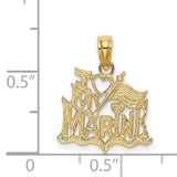 I Love My Marine Words With Flag And Heart Charm Pendant in Real 14k Yellow Gold