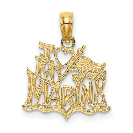 I Love My Marine Words With Flag And Heart Charm Pendant in Real 14k Yellow Gold