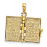 3D Moveable Pages Holy Bible Lords Prayer Charm Pendant in Real 14k Yellow Gold