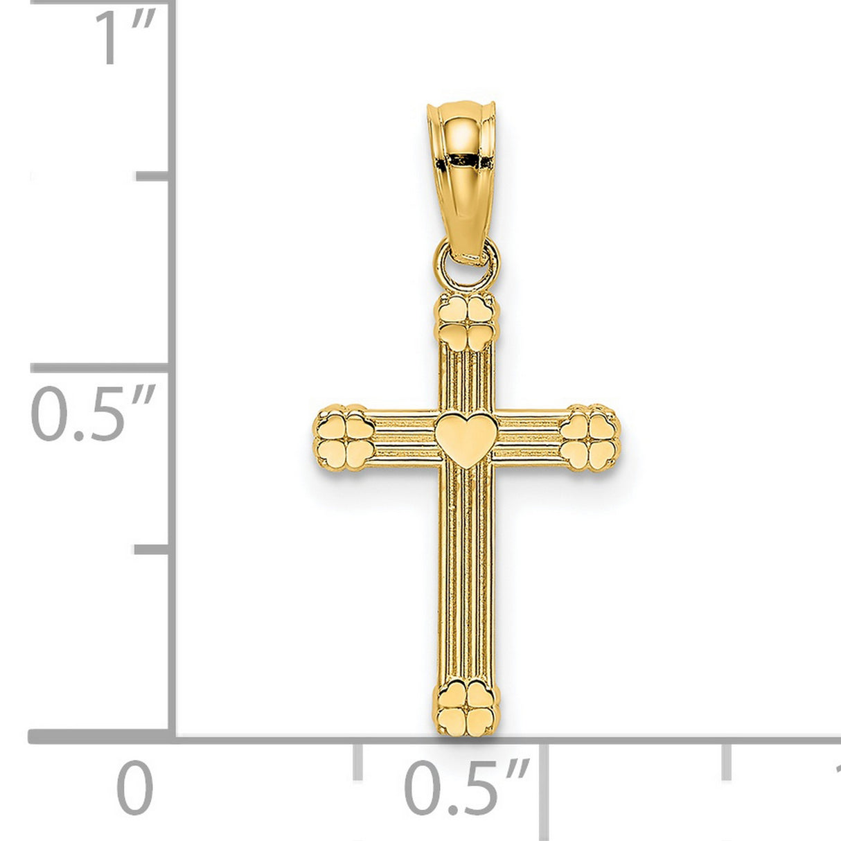 Textured Center Heart Small Cross Charm Pendant in Real 14k Yellow Gold