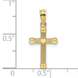 Textured Center Heart Small Cross Charm Pendant in Real 14k Yellow Gold