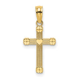 Textured Center Heart Small Cross Charm Pendant in Real 14k Yellow Gold