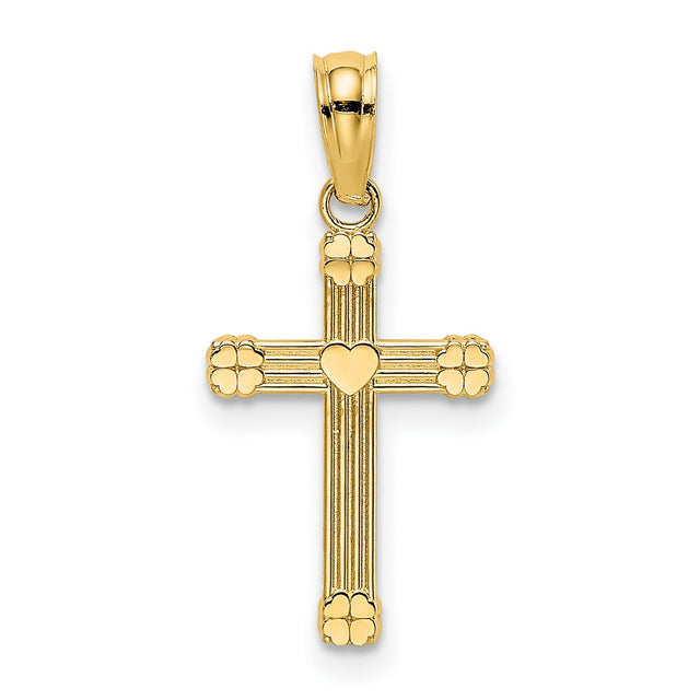 Textured Center Heart Small Cross Charm Pendant in Real 14k Yellow Gold