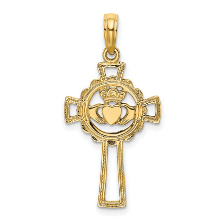 Claddagh Cross Charm Pendant in Real 14k Yellow Gold