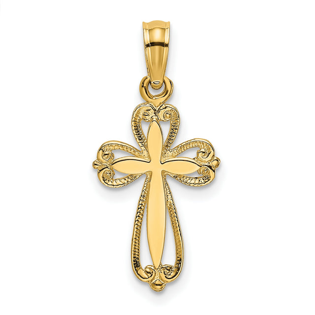 Polished and Cut-Out Engraved Cross Charm Pendant in Real 14k Yellow Gold