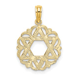 Star Of David In Scalloped Circle Charm Pendant in Real 14k Yellow Gold