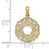 Star Of David In Scalloped Circle Charm Pendant in Real 14k Yellow Gold