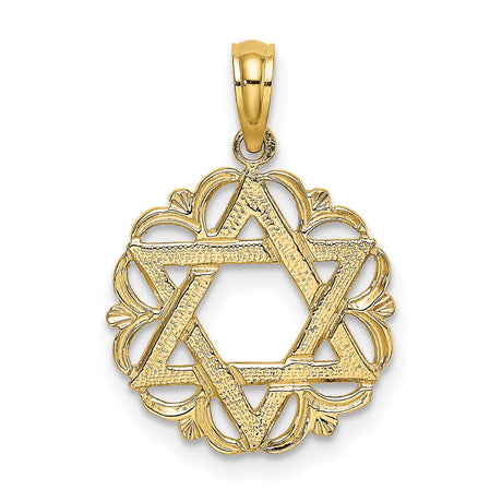 Star Of David In Scalloped Circle Charm Pendant in Real 14k Yellow Gold