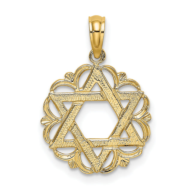 Star Of David In Scalloped Circle Charm Pendant in Real 14k Yellow Gold