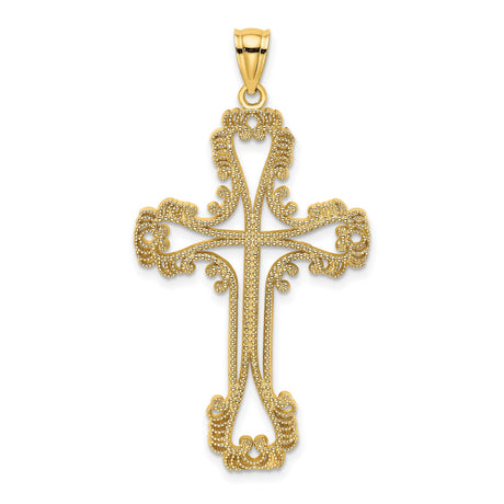 14k Yellow Gold Filigree Cross Pendant with Lace Cutout Design, Vintage Religious Jewelry