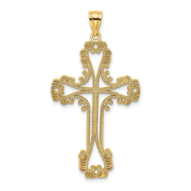 14k Yellow Gold Filigree Cross Pendant with Lace Cutout Design, Vintage Religious Jewelry