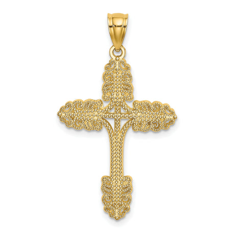 14k Yellow Gold Cross Pendant with Intricate Beaded Design, Textured Baroque Style