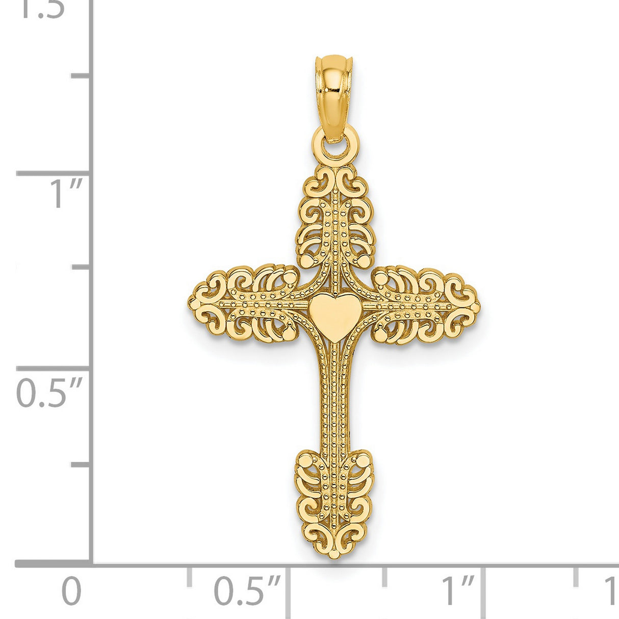 Multi-Scalloped Tipped Cross Heart Center Charm Pendant in Real 14k Yellow Gold