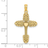 Multi-Scalloped Tipped Cross Heart Center Charm Pendant in Real 14k Yellow Gold