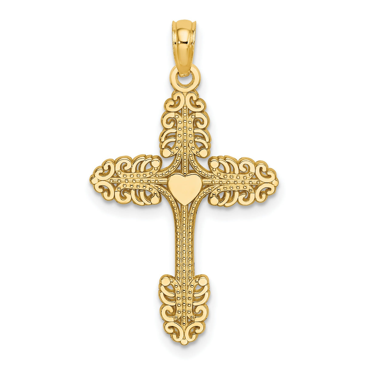 Multi-Scalloped Tipped Cross Heart Center Charm Pendant in Real 14k Yellow Gold