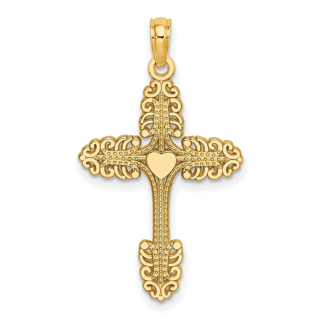 Multi-Scalloped Tipped Cross Heart Center Charm Pendant in Real 14k Yellow Gold