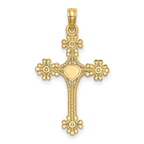 14k Yellow Gold Cross Pendant with Floral Motif, Baroque Design, and Heart Center