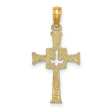 Polished and Engraved Cross and Dove Charm Pendant in Real 14k Yellow Gold