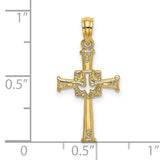 Polished and Engraved Cross and Dove Charm Pendant in Real 14k Yellow Gold