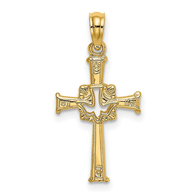 Polished and Engraved Cross and Dove Charm Pendant in Real 14k Yellow Gold