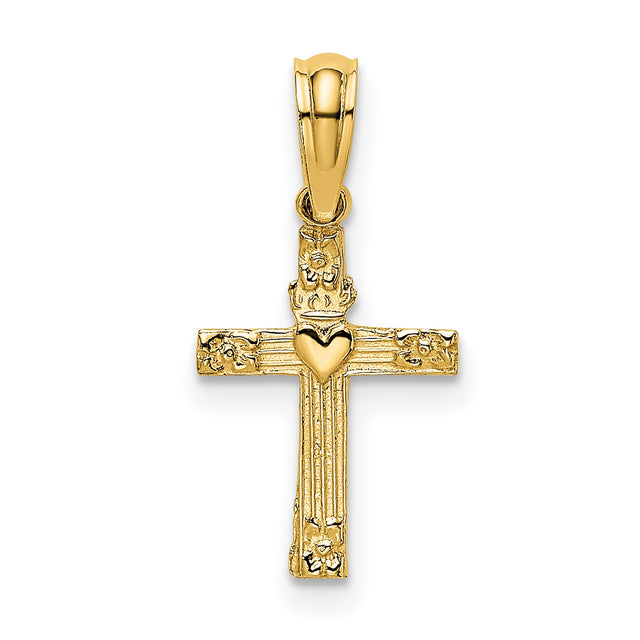 Textured Mini Cross Heart Charm Pendant in Real 14k Yellow Gold