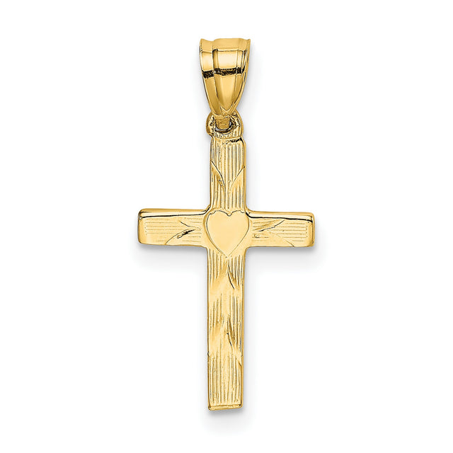Polished and Engraved Cross Heart Center Charm Pendant in Real 14k Yellow Gold