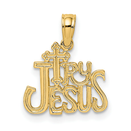 Polished and Engraved TRY JESUS Charm Pendant in Real 14k Yellow Gold