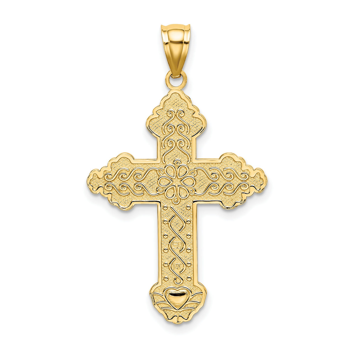 14k Yellow Gold Cross Pendant with Floral Scroll and Filigree Details, Scalloped Edges