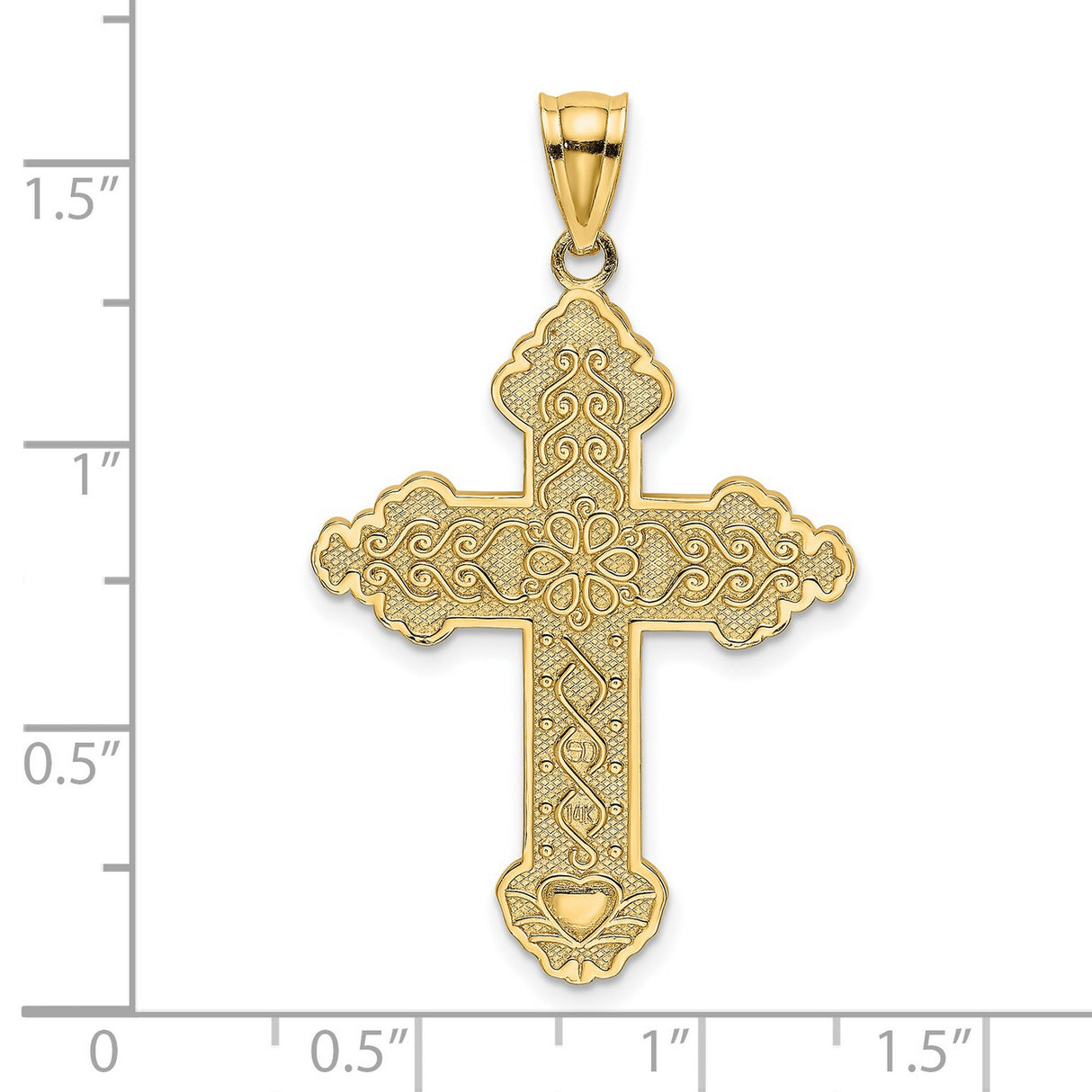 14k Yellow Gold Cross Pendant with Floral Scroll and Filigree Details, Scalloped Edges