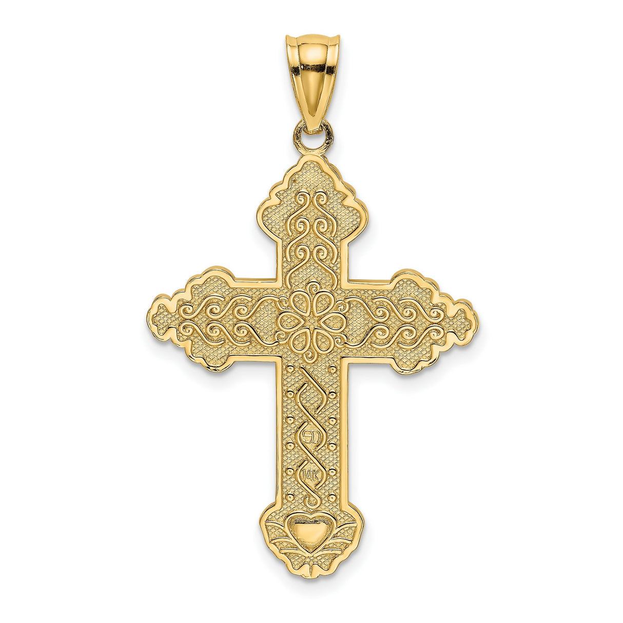 14k Yellow Gold Cross Pendant with Floral Scroll and Filigree Details, Scalloped Edges