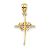 Polished Double Hearts On Stick Cross Charm Pendant in Real 14k Yellow Gold