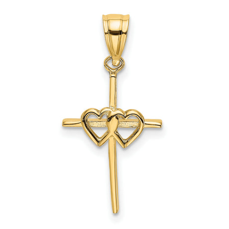 Polished Double Hearts Stick Cross Charm Pendant in Real 14k Yellow Gold