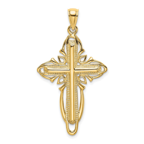 14k Yellow Gold Cross Pendant with Textured Milgrain and Openwork Filigree Design