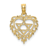 Textured Star Of David In Heart Charm Pendant in Real 14k Yellow Gold