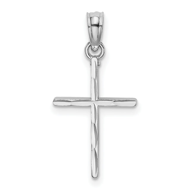 14k White Gold Cross Pendant with Polished Finish and Hammered Texture, Latin Style Unisex Jewelry