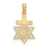 Polished Engraved Star Of David and Cross Charm Pendant in Real 14k Yellow Gold