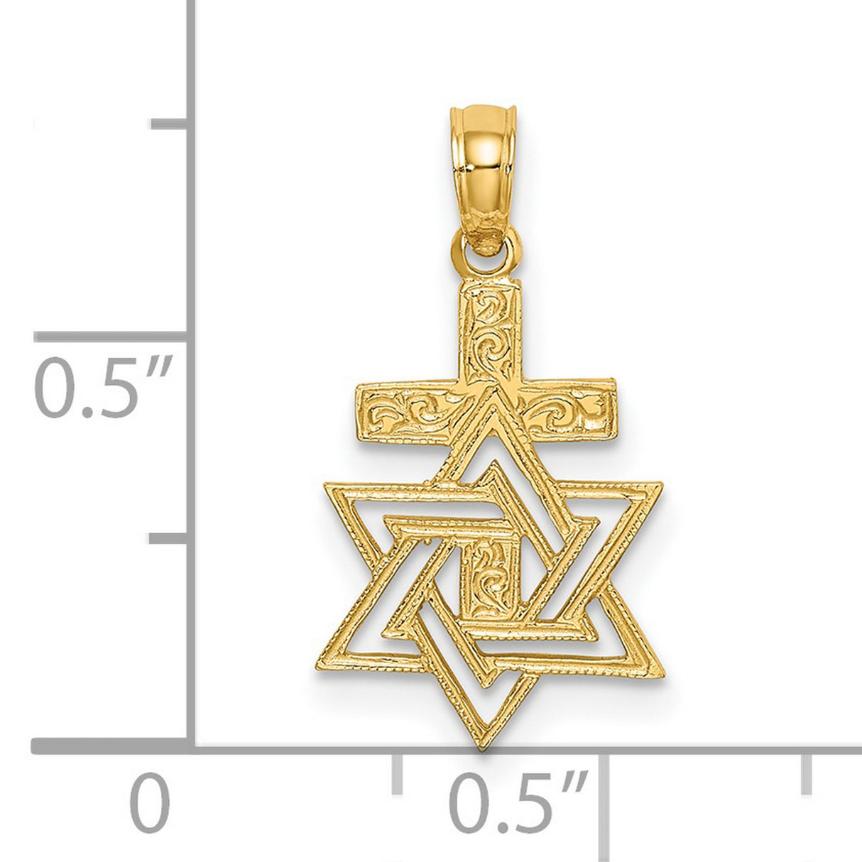 Polished Engraved Star Of David and Cross Charm Pendant in Real 14k Yellow Gold