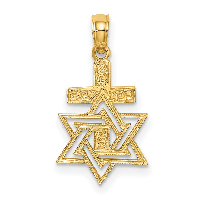 Polished Engraved Star Of David and Cross Charm Pendant in Real 14k Yellow Gold