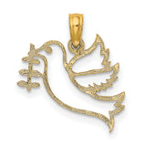 Cut-Out Dove with Olive Branch Charm Pendant in Real 14k Yellow Gold