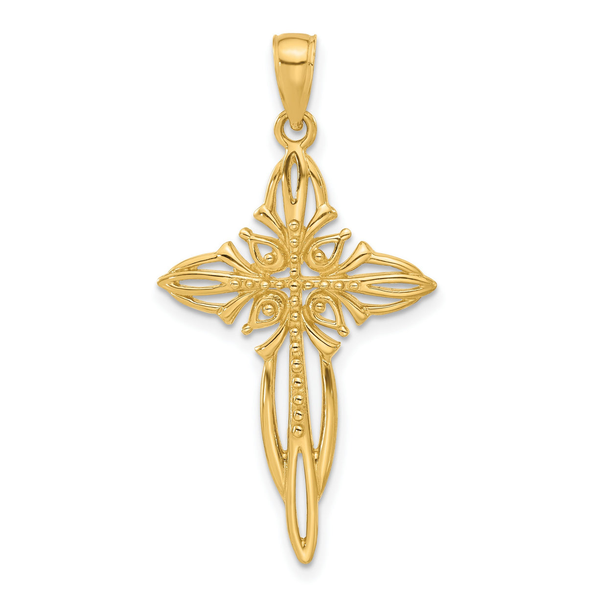14k Yellow Gold Cross Pendant with Beaded Cutout Design for Men and Women