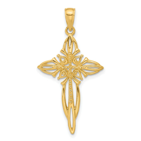 14k Yellow Gold Cross Pendant with Beaded Cutout Design for Men and Women