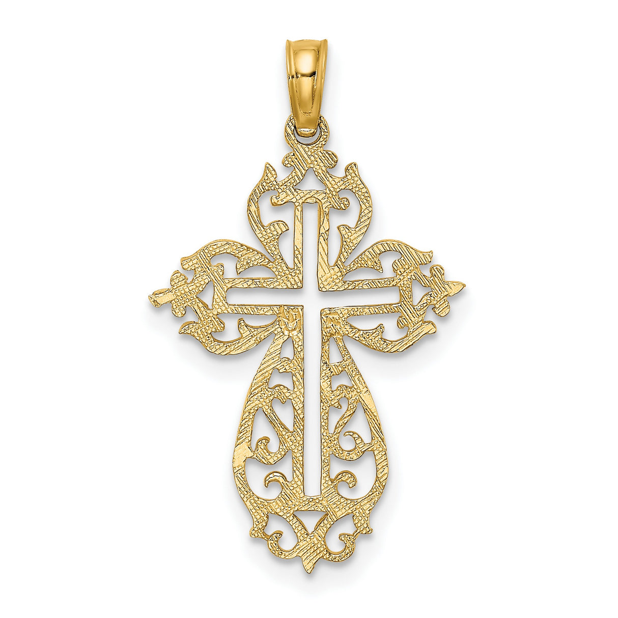 Cut-Out Scroll Framed Cross Charm Pendant in Real 14k Yellow Gold