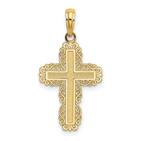 Textured Lace Trim Cross Charm Pendant in Real 14k Yellow Gold