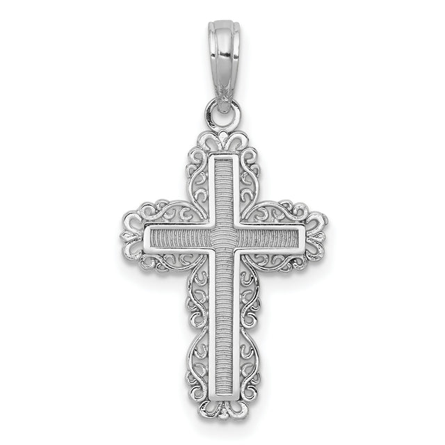 14k White Gold Cross Pendant, Textured Filigree Design, Vintage Inspired Faith Jewelry