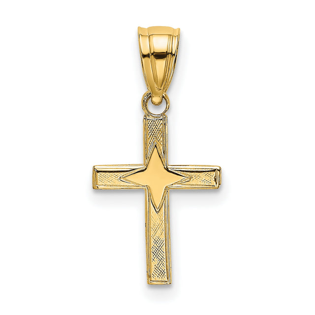 Polished Star Pattern Mini Cross Charm Pendant in Real 14k Yellow Gold