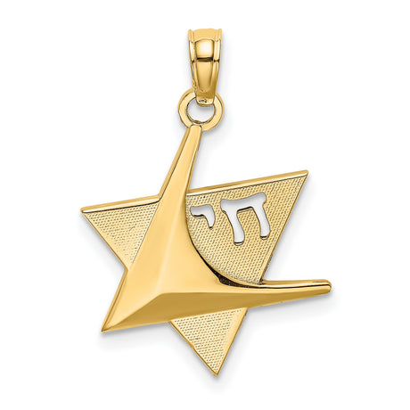 Polished Star Of David with Chai Charm Pendant in Real 14k Yellow Gold