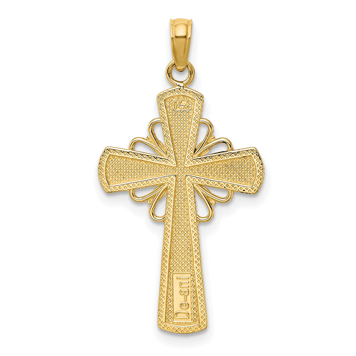 Polished Beaded Edge Grid Accent Cross Charm Pendant in Real 14k Yellow Gold